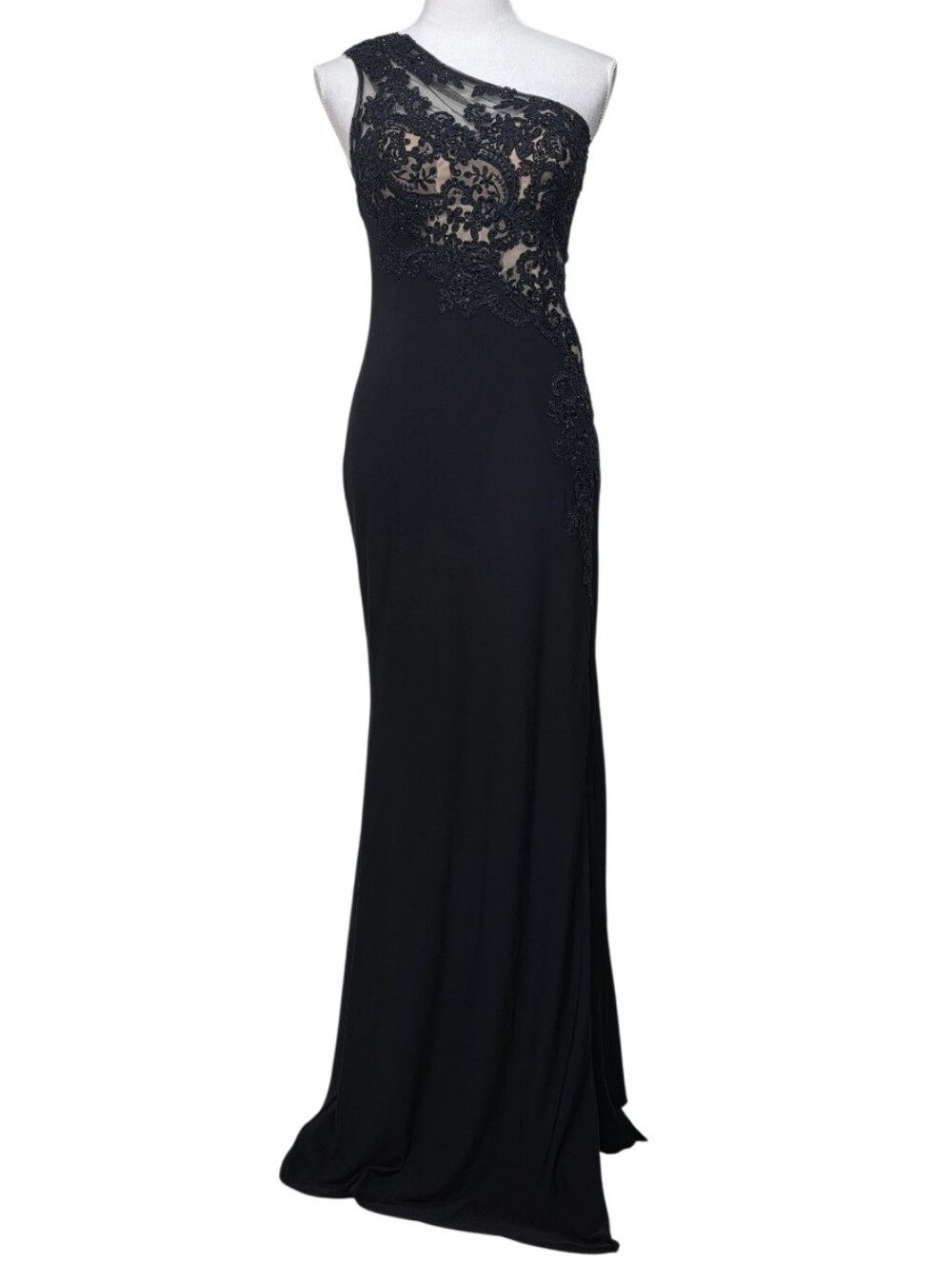 La Femme Black  Column One-Shoulder Illusion Lace Appliqué Maxi Evening Gown